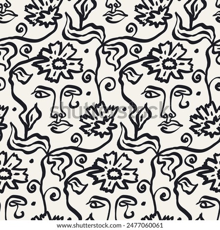 Black and white brush strokes ink wash flowers and female faces seamless pattern. Abstract monochrome floral modern fashion background. Minimalist botanical wallpaper