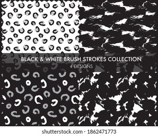 Black and White Brush strokes pattern collection includes 4 designs for fashion prints, graphics, backgrounds