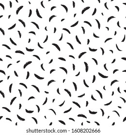 Black and white brush strokes, smears seamless repeat vector pattern, chaotic texture. Sickle, crescent shape textured smudges, arched, curved stains, specks with rough edges. Hand drawn background. 