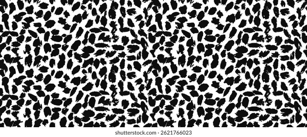 Black and white brushstroke painting seamless pattern with grunge textured small ink blobs. Abstract brush hand drawn spots and stains print for textile design, wrapping paper, leopard skin texture