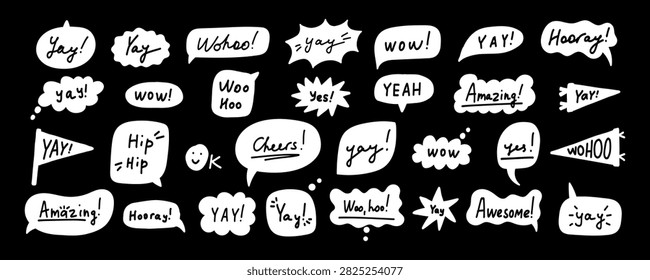 Black and White Bubble Speech with Yay Text Sticker Set. Yay Typography Balloon Sticker Kit. Playful Hurray Speechbubble Chat Collection. Handdrawn Vector Illustration