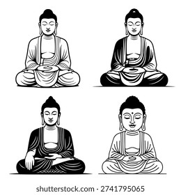 Black and White Buddha Meditation Vector Illustration