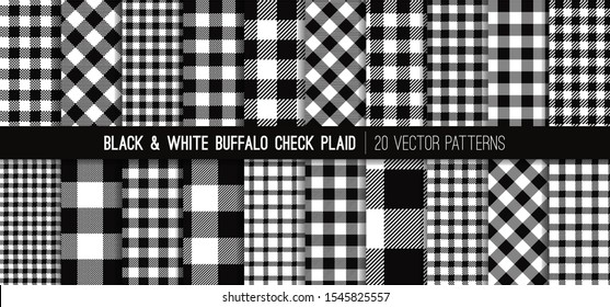 Black and White Buffalo Check Plaid Vector Patterns. Rustic Christmas Backgrounds. Pack of 20 Flannel Shirt Fabric Textures of Different Styles. Repeating Pattern Tile Swatches Included.