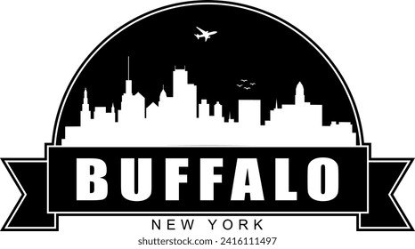 Black and white Buffalo New York city buildings skyline negative air space silhouette dome shaped emblem with scroll banner below and name text inside. Vector eps graphic design.