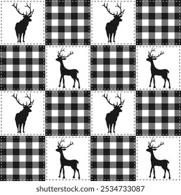 Patrón transparente de Vector a cuadros de búfalo blanco y negro. Navidades edredón de retazos a cuadros, Fondo de pantalla, fondo con siluetas de renos.