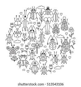 Black and white bugs beetles insects collection in circle