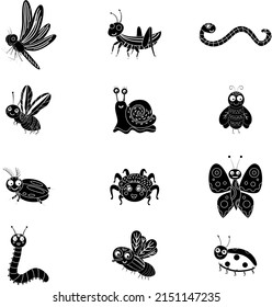 black and white Bugs collection icon set