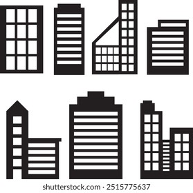 Conjunto de iconos de edificio en blanco y negro