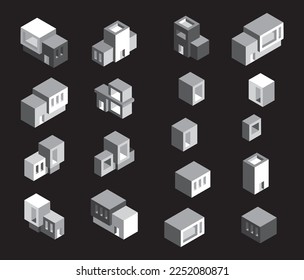 Black and White Building Icons And Parts  Pieces in Isometric Perspective. Offices, Homes, Houses, Buildings with Architectural Style on Plain Background. Small Rooms, Big Buildings in Simple Style.