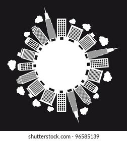 black and white buildings isolated, circle shape. vector illustration