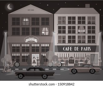 black and white buildings/cafe/shops vector/illustration