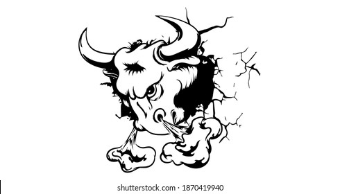 Black and white bull breaking through the wall