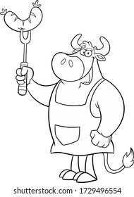 Black And White Bull Chef Cartoon Mascot Character Holding Sausage On Fork. Vector Illustration Isolated On White Background