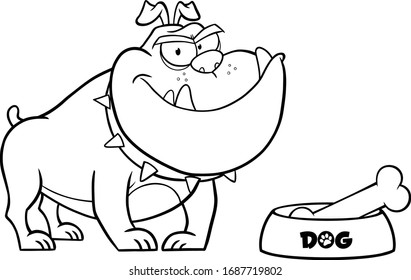 Black And White Bulldog Cartoon Character With Bowl And Bone. Vector Illustration With Background