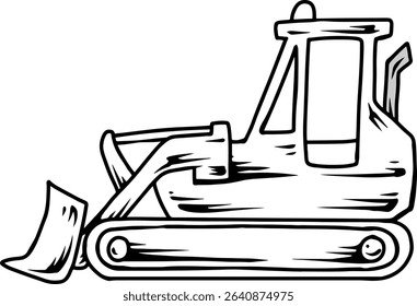 Black and white bulldozer sketch with front blade and cabin