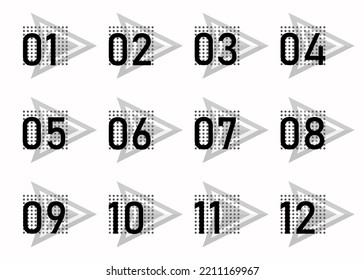 Black and white bullet points arrows, numbers from 1 to 12. Infographics. Vector design.	