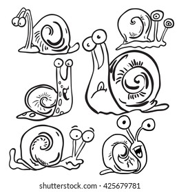 black and white bunch of snails cartoon