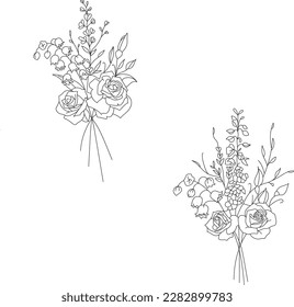 Black and white bunches of delphinium, lily of the valley and roses. Minimalistic line art tattoo design. Hand drawn decorative vector elements for greeting card, wedding invitation. 