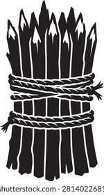 A black and white of a bundle of sharpened wooden stakes tied together with thick rope, isolated on a white background