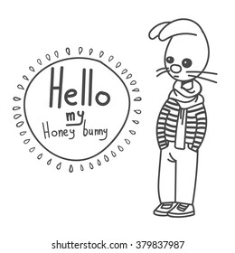 Black and white bunny character, in vector