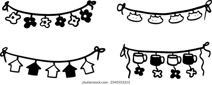Ilustração do conjunto de bandeiras de Bunting preto e branco | Vetor de doodle minimalista para desenhos de festa e decoração