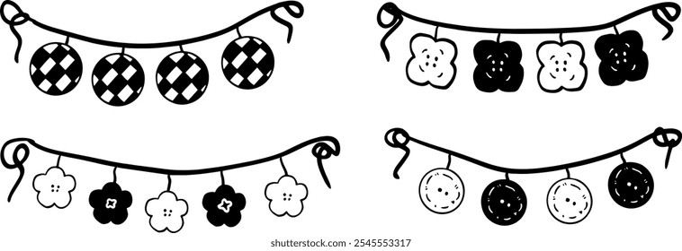 Black and White Bunting Flag Set Illustration | Minimalist Doodle Vector for Party and Decoration Designs