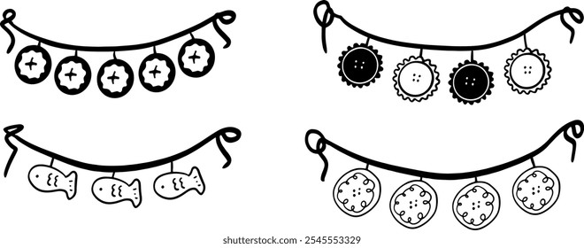 Conjunto de bandera de Bunting en blanco y negro | Vector Doodle minimalista para Diseños de fiesta y decoración