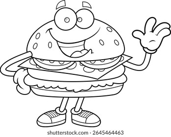 Black And White Burger Cartoon Character Smiling and Waving – Vector Hand Drawn Illustration Isolated On Transparent Background