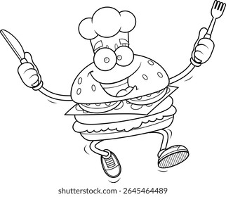 Black and White Burger Chef Cartoon Character Jumping with Knife and Fork – Vector Hand Drawn Illustration Isolated On Transparent Background