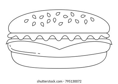 Black and white burger hamburger cheeseburger fast food icon poster. Line art vector illustration for gift card certificate banner sticker, badge sign, stamp, logo, icon label.
