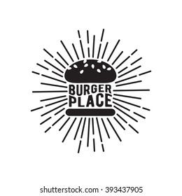 Icono de hamburguesa en blanco y negro con brillo. Ilustración vectorial de alimentos.