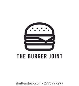 Black and white burger logo for casual restaurant branding, menu design, signage and packaging. Simple vector icon conveys fast food, diner atmosphere, tasty comfort food and modern retro style.