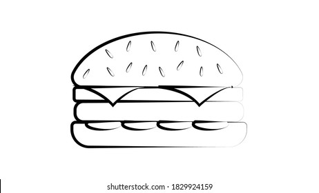black and white burger on a white background, vector illustration. burger with a black outline, as if drawn by hand. icon for social networks. appetizing delicious burger.