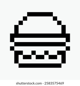 black and white burger pixel art icon vector illustration.
