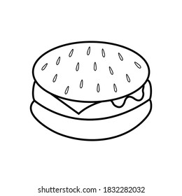 schwarz-weißer Burger, Vektorgrafik. weißer Burger mit schwarzer Linie. Sesamsamen und Samen werden oben gezogen. Appetitanregende Brötchen, Junk Food. Fast Food, Bild für Café.