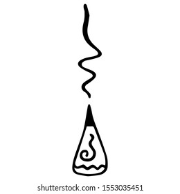 Black and white burning aromatic Incense Cone with steam. Hand-drawn isolated object. Vector.