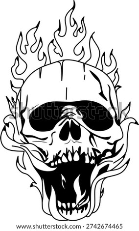 Black and white burning vector skull suitable for t-shirt designs, tattoos, motorbike gangs etc