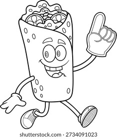 Personaje de dibujos animados Burrito blanco y negro que sostiene la mano de espuma número uno - ilustración dibujada a mano de Vector aislada sobre fondo transparente