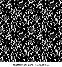 Black & white burst, exclamation and question mark seamless pattern for educational book end decoration, poster background or banner.