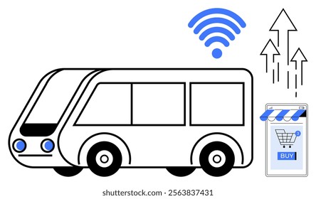 A black and white bus with blue headlights and wireless symbols highlights smart technology. Ideal for smart transportation, digital communication, IoT integration, online services, and future