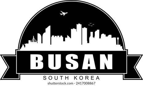 Black and white Busan South Korea buildings skyline negative air space silhouette dome shaped emblem with scroll banner below and name text inside. Vector eps graphic design.