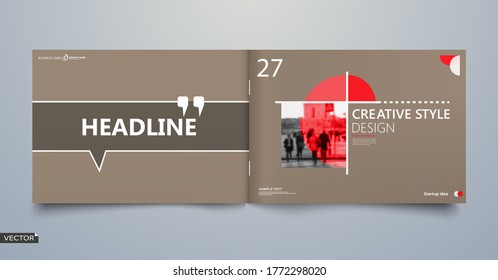 Black, white business book mockup. A4 brochure cover design. Hi tech info banner. Title sheet model set. Modern vector front page art. Urban city house texture. Red line frame icon. Flyer text font.