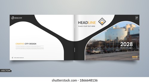Black, white business book mockup. A4 brochure cover design. Hi tech info banner. Title sheet model set. Modern vector front page art. Urban city house texture. Yellow line frame icon. Flyer text font