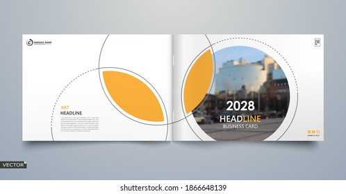 Black, white business book mockup. A4 brochure cover design. Hi tech info banner. Title sheet model set. Modern vector front page art. Urban city house texture. Yellow line frame icon. Flyer text font