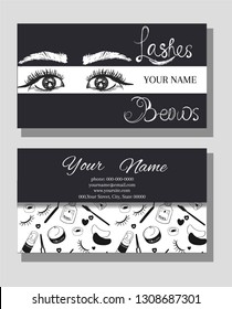 Black and white business card design for eyelash extension salon and eyebrow design. Hand draw eyes and eyebrows, lettering "lashes and brows". Eyelash extension tools. Modern vector illustration