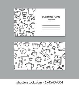 Black and white business card with doodle style coffee items. Vector doodle illustration. Ready-made design for a business card.