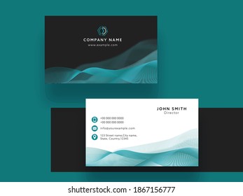 Black and White Business Card Template Layout with Teal Abstract Wavy Line.