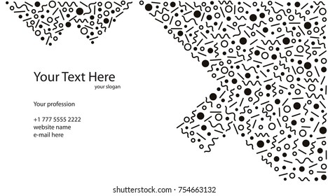 Black and white business card template in memphis, retro style. Abstract design for printing. Modern flat vector illustration, background with the use of your data.