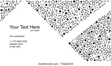 Black and white business card template in memphis, retro style. Abstract design for printing. Modern flat vector illustration, background with the use of your data.