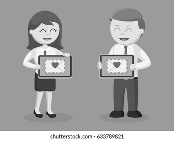 black and white business couple with love email in their tablet black and white style